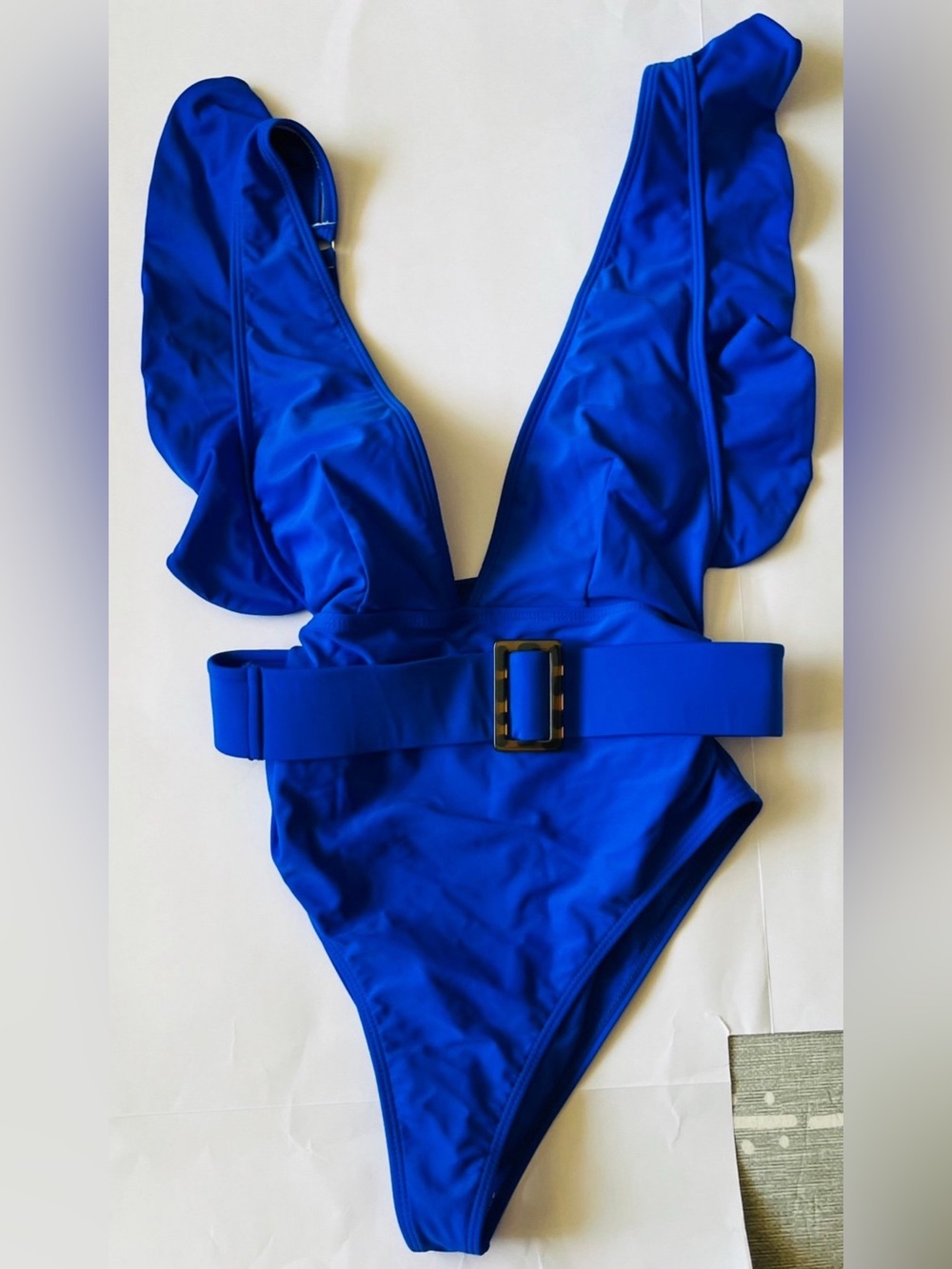 Ruffle Strap One-Piece Swimsuit with Waist Belt - Electric Blue